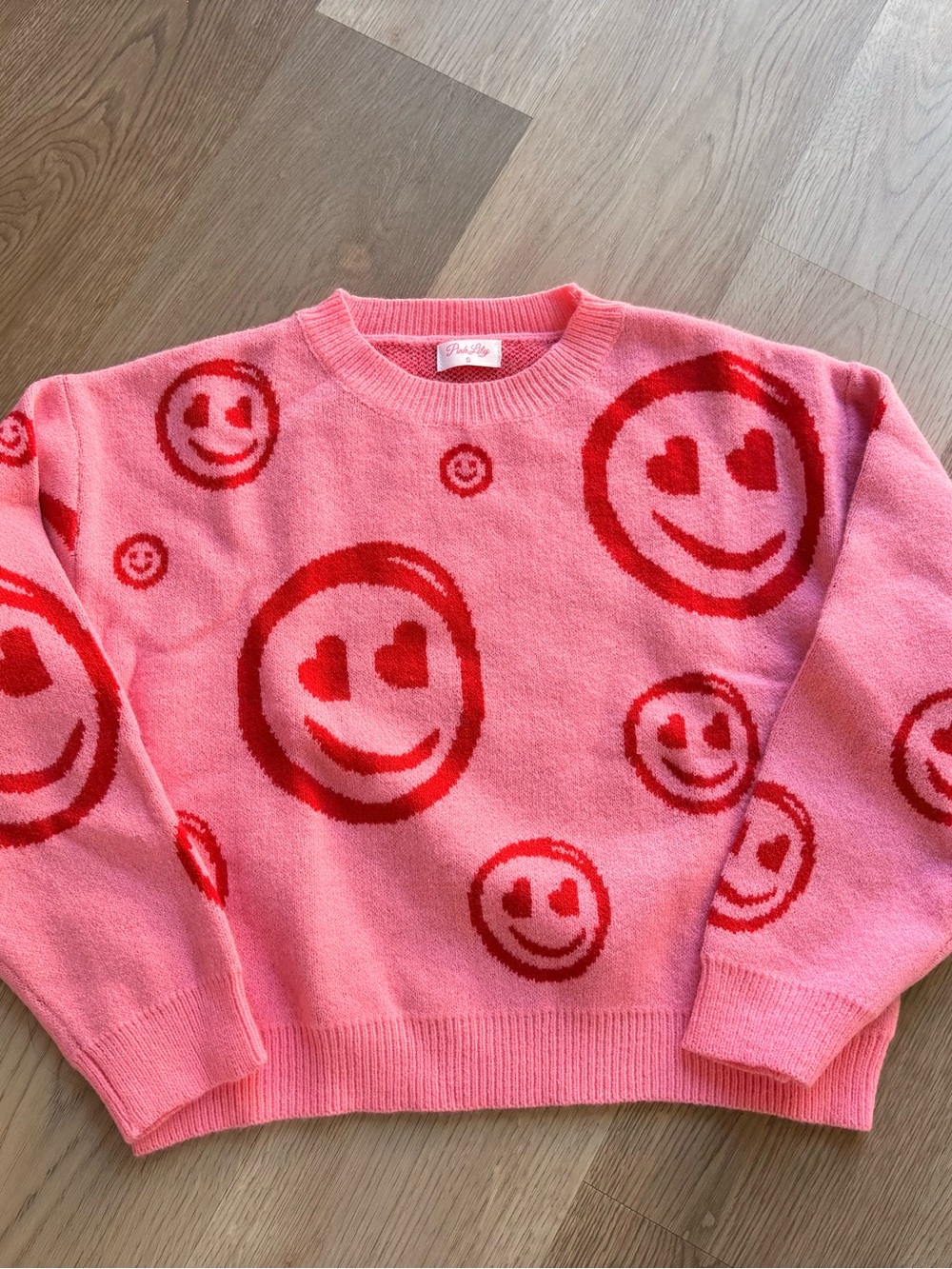 Pink Lily Pink & Red Heart-Eyes Smiley Crewneck Sweater